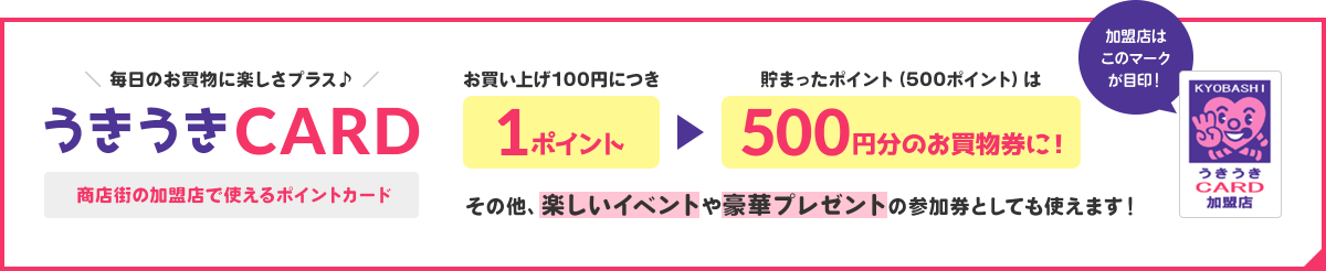 毎日のお買物に楽しさプラス うきうきCARD 商店街の加盟店で使えるポイントカード お買い上げ100円につき1ポイント 貯まったポイント（500ポイント）は500円分のお買物券に！ その他、楽しいイベントや豪華プレゼントの参加券としも使えます！